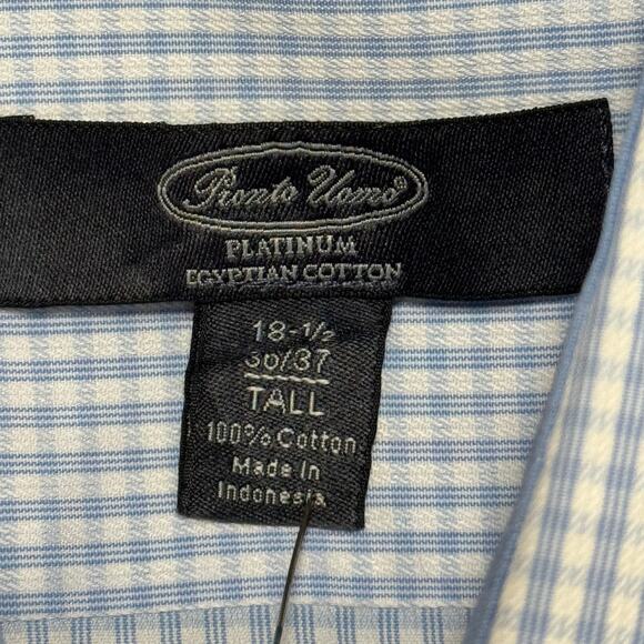 Pronto Uomo Button Down 100% Cotton Shirt Men 18.5T Light Blue & White Check - Picture 3 of 7